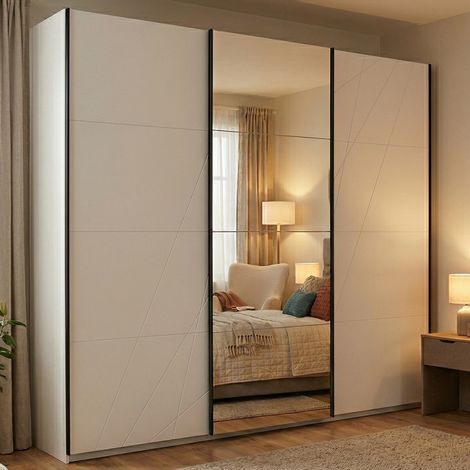 Guardaroba Grande Rutino, Armadio Camera da Letto Appendiabiti, 6 Ripiani, Apertura Scorrevole, 262.5x224h cm Bianco Opaco (1/5)