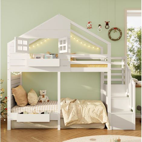 Cama infantil alta 90x200 con escalera de almacenaje, ventana y somier, blanca HAVRYA (1/5)