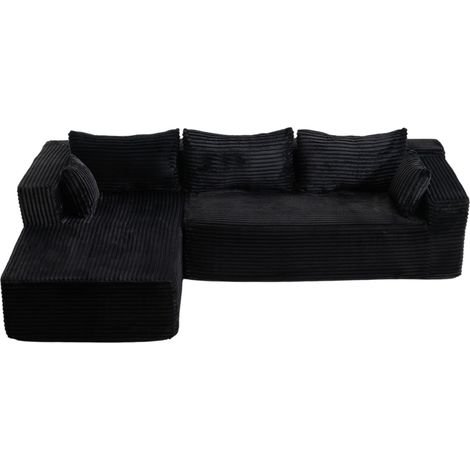 Sofá modular en L de pana negra con chaise longue, asiento profundo y sin montaje (1/5)