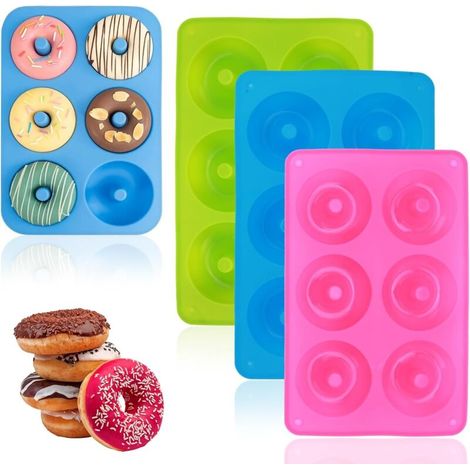 Juego de 3 moldes de silicona para donuts con 6 cavidades, bandeja antiadherente de silicona de grado alimenticio para hornear donuts, apta para pasteles, bagels y muffins. (1/4)