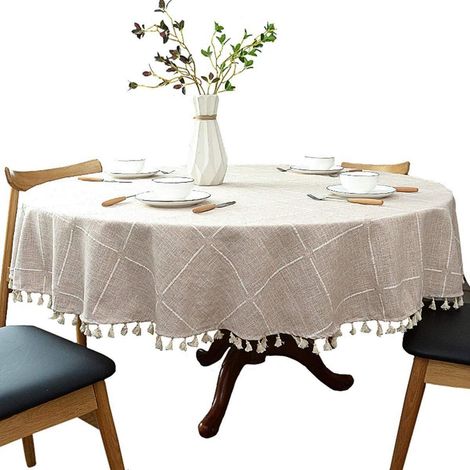 Runde Tischdecke aus Baumwolle-Leinen mit Karomuster und Quasten, 160 cm, Beige
