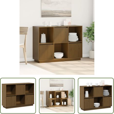 The Living Store Buffet Marron miel 110,5x35x80 cm Bois massif de pin - Buffet - Meuble De Rangement - Armoire - Commode - Bois Massif (1/5)