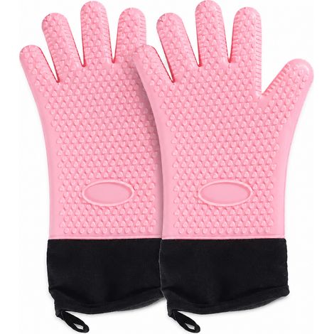 Lot de 2 gants de four en silicone extra longs, gants de cuisine résistants à la chaleur pour la pâtisserie, poignée résistante à l'eau, gants pour barbecue et grillade, rose avec bordures noires... (1/5)