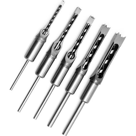 Ensemble de 5 forets carrés pour le travail du bois, scie cloche, burin à mortaiser, forets en acier de 6,35 mm (1/4 pouce), 7,94 mm (5/16 pouce), 9,52 mm (3/8 pouce), 12,7 mm (1/2 pouce) et 15,88 mm (1/2)