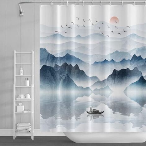180x180cm Montagne Paysage Rideau de Douche Lac en Bois Bateau Soleil Rouge Sauvage Oie Nature Paysage Brumeux Peinture à l'huile Rideau de Bain pour la décoration Salle Bain avec Crochets (1/4)