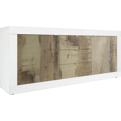 OTELLO - Buffet 2 Portes 3 Tiroirs Finition Blanc Laqué et Aspect Bois Antik (1/4)