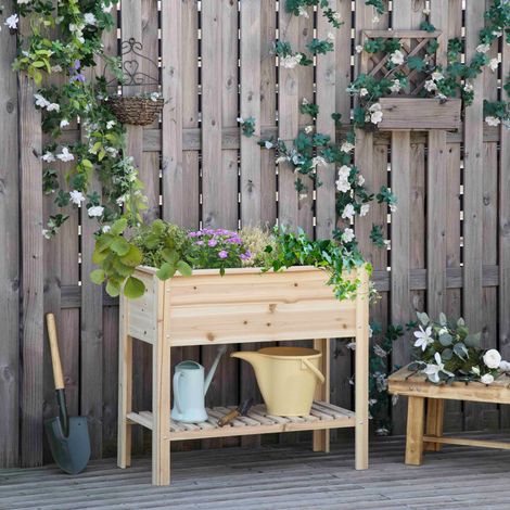 Jardinière sur pieds potager avec étagère à lattes 90 x 40 x 81 cm inserts d'irrigation. géotextile inclus bois massif
