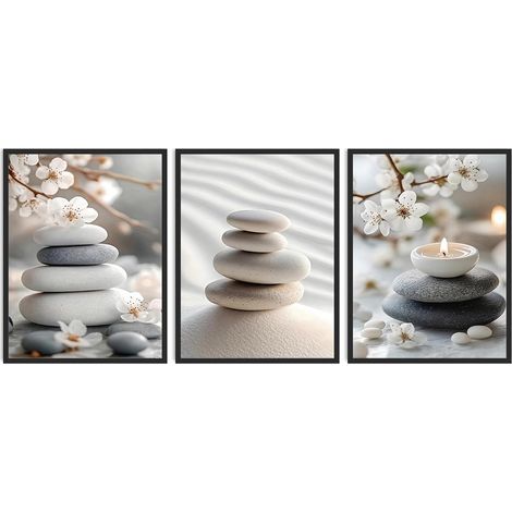 3 Pièces Set Décoration Murale Zen Japonais, Tableau Pierre D'Équilibre & Cerisier En Fleur Pour Yoga Spa Salon 30x40 Cm Sans Cadre (1/5)