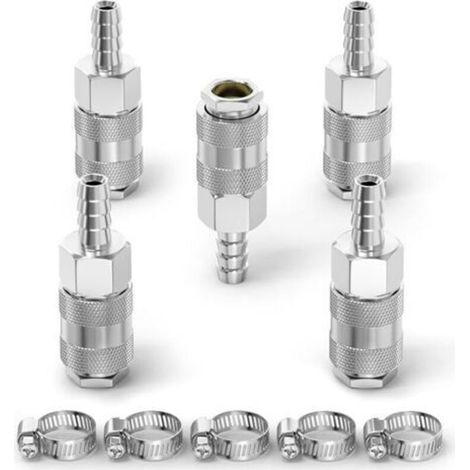 5pcs Male Industrial Air Coupling with 8MM Hose Rod, Iron Nickel Plating Quick Coupling Flow Air Pneumatic Compressor Hose Fittings (1/5)