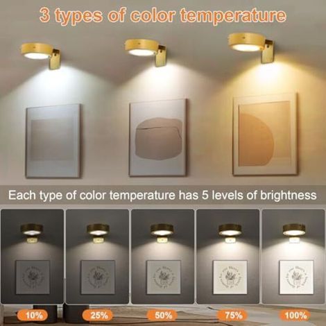Lot de 3 lampes LED sans fil pour tableaux, rechargeables par USB, éclairage doré pour cadres photo avec télécommande, 3 températures de couleur, lampe à fléchettes à intensité variable, aimantée avec (1/4)