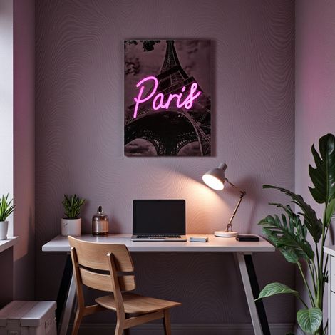 Tableau LED - HOME DECO FACTORY - Paris - Lumineux - Noir et rose (1/5)