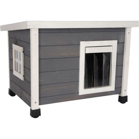 Kerbl Casetta per gatti Rustica (cuccia per gatti in legno, bianco/grigio, porta basculante con lamelle, finestra in , piedini in plastica regolabili in altezza, villa di gatto) 80991 (1/3)