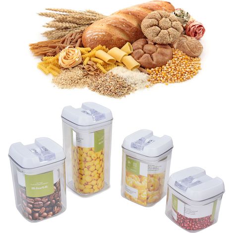 Set aus vier multifunktionalen, transparenten und luftdichten Aufbewahrungsboxen aus Kunststoff für die Küche, zur Aufbewahrung von Müsli, quadratisch, leicht zu verschließen. (1/5)