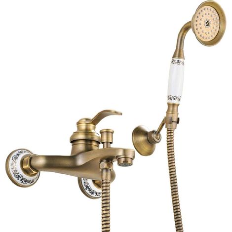 Robinet de Baignoire avec Douchette, Mitigeur Douche Mural Rétro en Laiton à levier unique, Robinetterie de Bain Monocommande Mural en Laiton pour Salle de Bain (1/5)