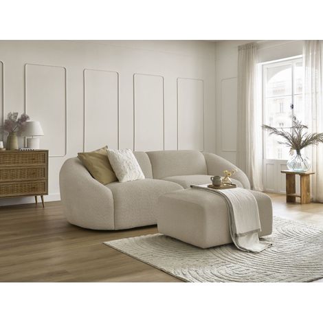 BOBOCHIC - Canapé droit fixe 3 places TINA tissu bouclette avec pouf   Beige (1/5)