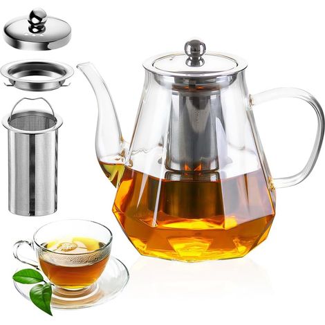 Théière en verre de 1000 ml avec infuseur, théière en verre borosilicate résistante à la chaleur, théière pour noir, thé vert, thé aux fruits, thé en vrac (1/5)