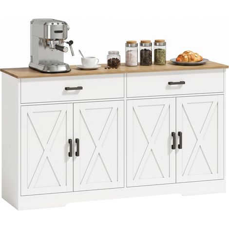 Buffet de cuisine style campagnard, 140 cm, avec 2 tiroirs et 2 placards, blanc (1/5)