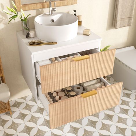 Mueble de baño suspendido MDF color madera natural de 60 cm con lavabo cerámico redondo y 2 cajones (1/5)