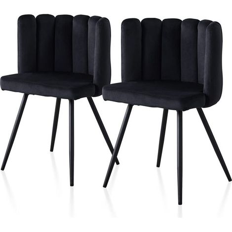 Dining Chair,2x Velvet Thick Padded Upholstered Seat with Black Metal Legs, Black (1/5)