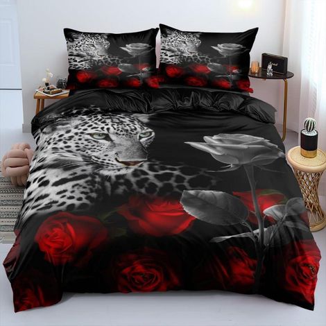 Bettwäsche 135x200 cm mit Leoparden- und Rosenmotiv, 2-teilig, Mikrofaser, Reißverschluss
