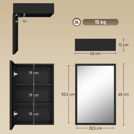 Armoire de toilette avec miroir, meuble de salle de bain, 3 étagères, acier inoxydable, 40 x 12 x 60 cm, noir (1/5)