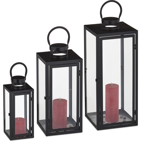 Relaxdays Set da 3 Lanterne Decorative, per Esterni e Interni, 3 Grandezze Design Moderno, Portacandele in Metallo, Nero