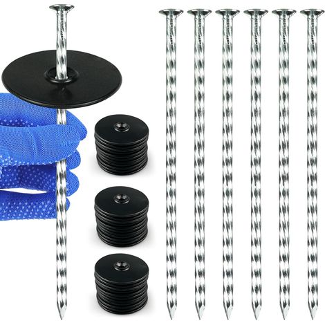 Lot de 50 piquets d'ancrage galvanisés anti-rouille, 150 mm de long, en spirale, pour gazon artificiel et toile anti-mauvaises herbes, avec 50 disques tampons (1/5)