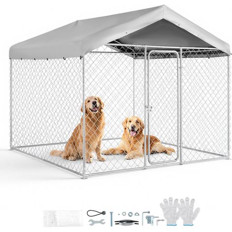 Chenil Extérieur 2,3x2,3x2,15 m Enclos pour Chien avec Toit Cage Extérieure pour Grands Chiens Parc Robuste pour Chiens avec Bâche en PE Résistante aux UV et Imperméable, Verrouillage Sécurisé (1/5)