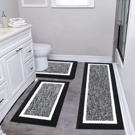3-piece bathroom mat set, extra soft microfiber bathroom mats, non-slip and absorbent, black (1/4)