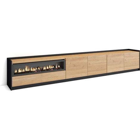 Mueble TV Cartaojal-02 de 310x50x37 cm con chimenea eléctrica, color roble y negro (1/4)
