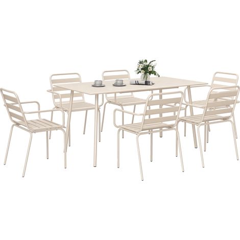 Set da pranzo da giardino composto da 7 pezzi, con 1 tavolo e 6 sedie impilabili, in acciaio beige.