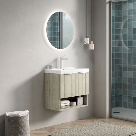 Meuble de salle de bain avec support mural de 55 cm, lavabo rectangulaire en céramique blanche, armoire striée avec doubles portes et étagère ouverte, couleur chêne avec veinage crème (1/5)