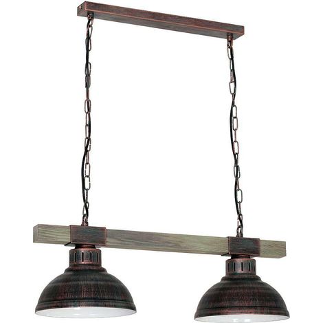 Lampada a sospensione HAKON in rame anticato con legno vero, casa di campagna (1/3)