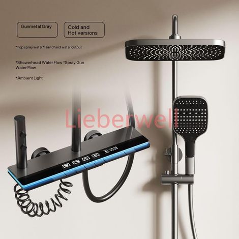 Ensemble complet de douche gris avec boutons piano et éclairage d'ambiance, affichage numérique, système de douche, robinets de pluie et pommeau de douche (1/4)