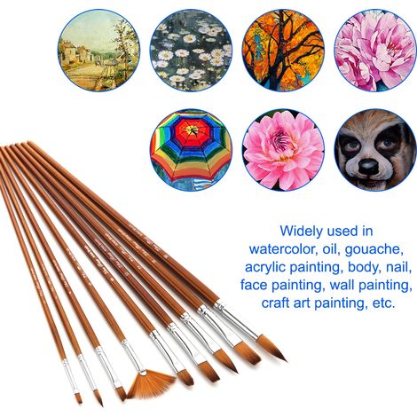 Ensemble de 9 pinceaux professionnels polyvalents en nylon avec manche en bois pour la peinture acrylique, à l'huile, aquarelle et gouache. Fournitures artistiques pour artistes adultes et enfants. (1/3)