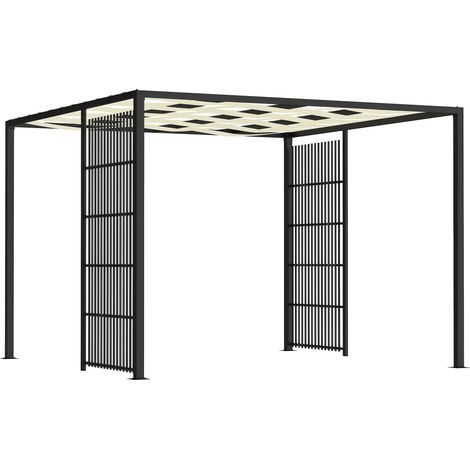 Pergola per Esterno 3x3 m con Copertura Ondulata e Pannelli Laterali, in Metallo e Poliestere Nero
