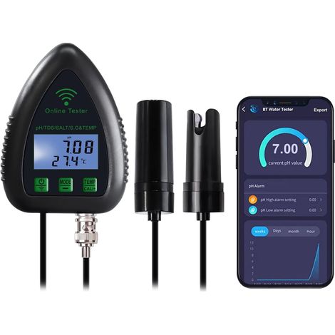Monitorización online mediante aplicación, analizador de calidad del agua por Wi-Fi (pH/TDS/sal/densidad/temperatura) para acuarios, hidroponía, piscinas y acuicultura con fácil calibración.