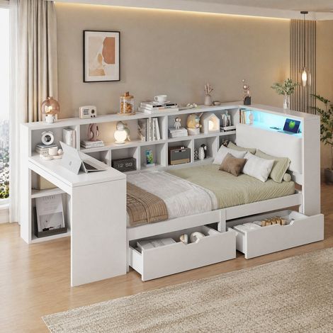 Letto singolo 90x200 cm in legno bianco salvaspazio con scrivania FloraGrace (1/5)