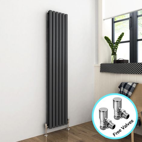 ELEGANT 1800 x 360 mm Anthracite Vertical Column Radiator Double Oval Panel Designer Bathroom Radiator + Angled Radiator Valves (1/5)
