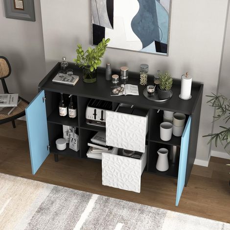 Buffet - Buffet de Cuisine Moderne avec 2 Tiroirs, 2 Compartiments Ouverts et Portes Bleues, Meuble de Rangement en MDF, 90 x 40 x 80 cm, Noir et Bleu