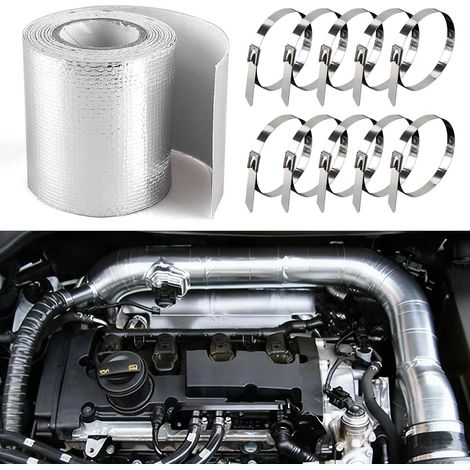 Bande Thermique Echappement,10 m x 5 Cm Ruban Adhésif pour Tuyau d'Échappement Comprend 10 Attaches de Câble Kit de Réparation pour Tuyau d'Échappement Convient aux Courbes Automobiles et Motos (1/5)