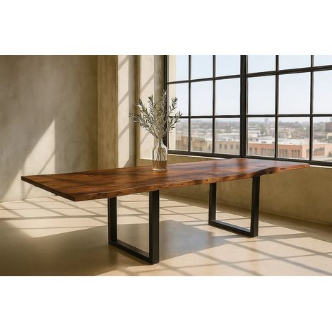 Esstisch Baumkante Akazie nougat 180 (280) x 90 mit Ansteckplatten BARCELONA