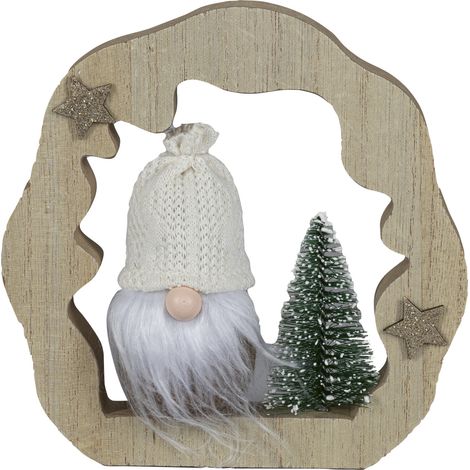 HGD Weihnachtsdeko Wichtel mit Tannenbaum Holz 14 x 15,5 cm natur/weiß