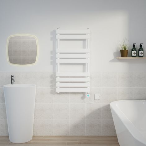 Flat Electric Towel Rail Thermostatic Timer White 950x500mm