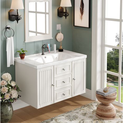 Meuble vasque suspendu 78,5x46x46,8 cm en MDF blanc, avec rangement pour salle de bains FloraGrace (1/5)