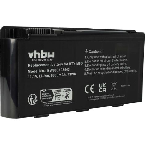 vhbw Akku kompatibel mit MSI GX660R-075FR, GX660R-474UK, GX660R-284UK, GX660R-i7468LW7P, GX660R-i54510Q Notebook (6600 mAh, 11,1 V, Li-Ion) (1/5)