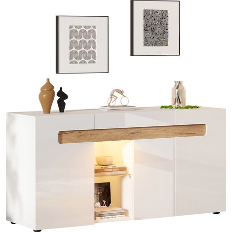 Aparador con 3 Puertas y LED Controlado por App, Blanco Brillo, con Estante de Vidrio, en Tablero Aglomerado, 140×40×70 cm (1/5)