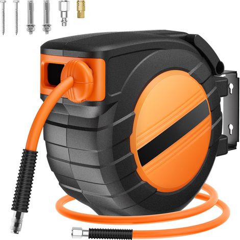 Dévidoir d'air rétractable, tuyau hybride 3/8" x 50FT, 300PSI max, avec retour automatique et 5FT de raccord, montage plafond/mur, support pivotant 180° intégré. (1/5)