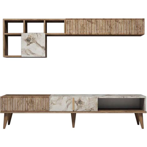 Cotecosy – Meuble TV moderne en aggloméré mélaminé – Largeur 180 cm, Hauteur 40 cm, Profondeur 35 cm – Noyer et blanc – Étagères murales incluses (1/5)