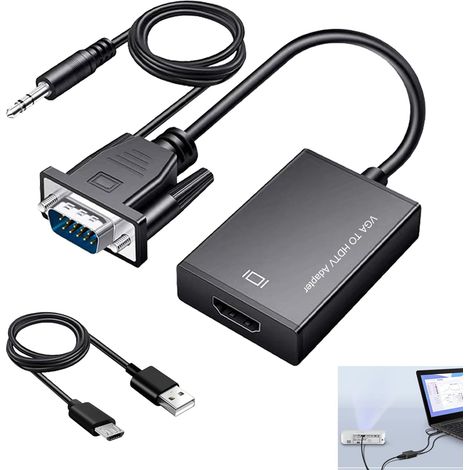 Adaptateur VGA vers HDMI, 1080p Convertisseur VGA Mâle vers HDMI Femelle avec Audio, Câble Unidirectionnel pour Ordinateur Portable, Moniteur, Projecteur, PC vers TV HD, Compatible Audio 3,5mm + USB (1/5)